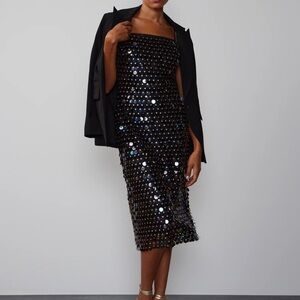 Black Sequin Sheath Dress with Square Neck
